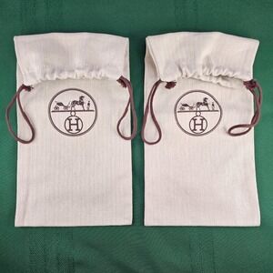 2 Hermès Dust Bags Pouches Beige Paris Herringbone Drawstring Storage 14x6.5‎